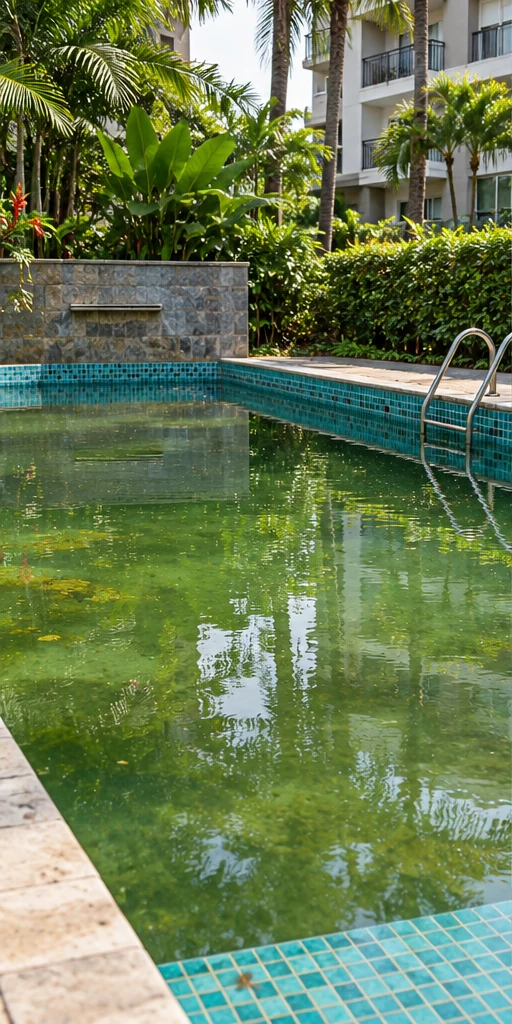 Piscina com água verde precisando de tratamento